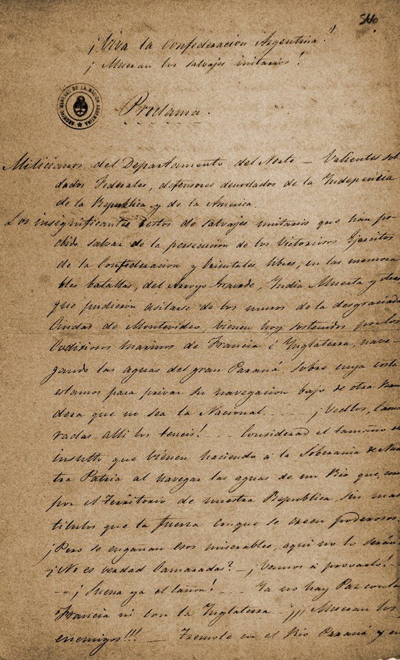 AGNArgentina's tweet photo. 🗓✅ 20 de noviembre: Día de la Soberanía, en recuerdo del episodio conocido como la #VueltadeObligado, ocurrido el 20 de noviembre de 1845.

⚔️ Combate de la Vuelta de Obligado. Proclama del General Mansilla, 1845.
📚 Sala VII. https://t.co/o4EDrpLdMw