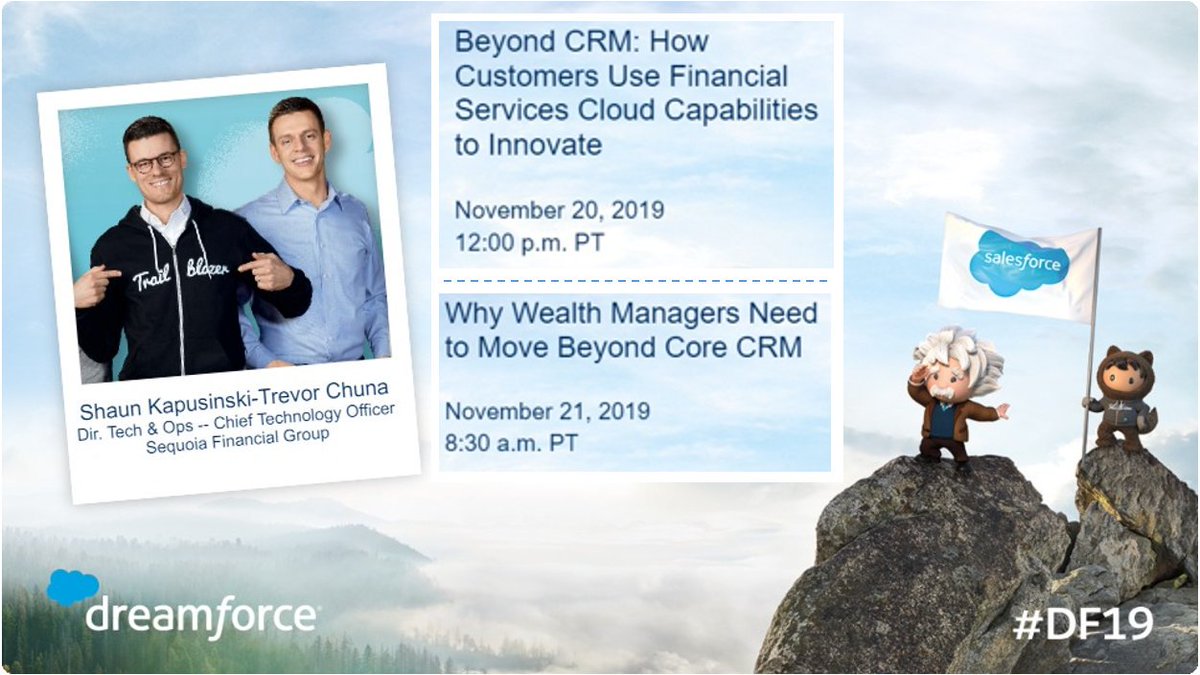 Sequoia Financial Group (@sequoiafin) on Twitter photo Attending <a href="/Dreamforce/">Dreamforce</a> this week? Don’t miss our Director of Tech & Ops, @Shaunkap and CTO, @Trchuna in today and tomorrow’s sessions on how Sequoia leveraged @Salesforce #FinancialServicesCloud to enhance the client experience. #DF19 #SequoiaFin #AI Attending <a href="/Dreamforce/">Dreamforce</a> this week? Don’t miss our Director of Tech & Ops, @Shaunkap and CTO, @Trchuna in today and tomorrow’s sessions on how Sequoia leveraged @Salesforce #FinancialServicesCloud to enhance the client experience. #DF19 #SequoiaFin #AI