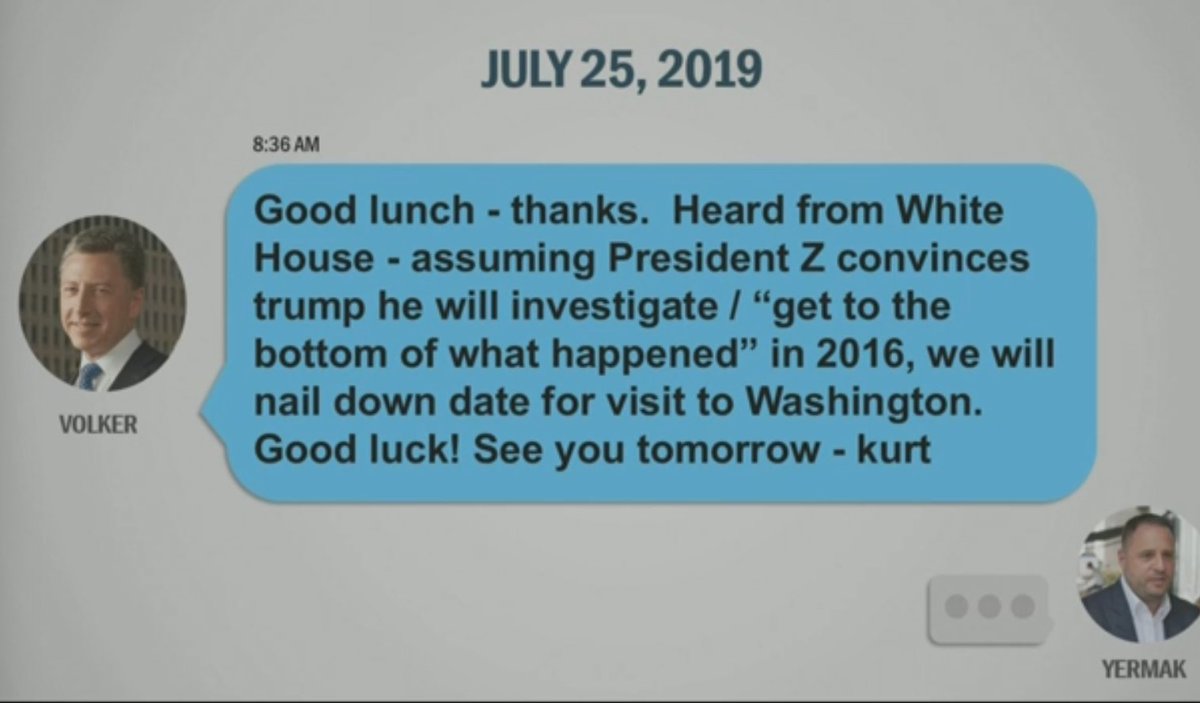 GOLDMAN: So this message. Volker prepped Yermak to prep Zelenskyy for the shakedown call.GORDO: Yeah man.GOLDMAN: That's how he knew about the investigations.GORDO: Yup! You got it.