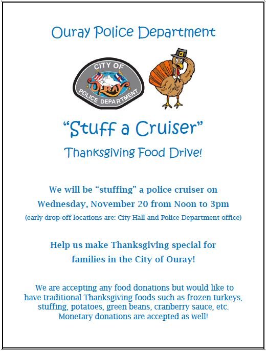 OurayPD's tweet photo. Noon to 3pm today - it's our 3rd Annual Stuff a Cruiser Food Drive at City Hall! Monetary donations are greatly appreciated as well! https://t.co/CTx2GdhojL