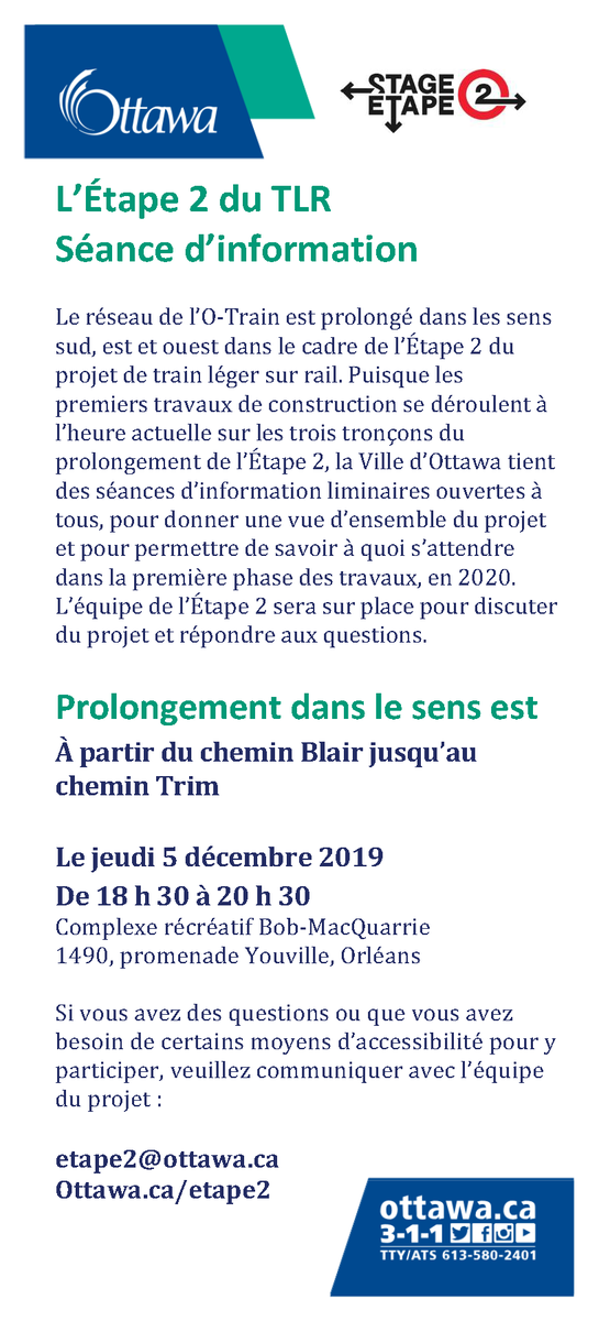 Stage 2 ⭕️train Info Session • Thurs, Dec 5, 6:30pm – 8:30pm • Bob MacQuarrie Rec Complex 1490 Youville Drive #ottcity / L’Étape 2 du l'⭕️train Séance d’info • Le jeudi 5 déc, De 18 h 30 à 20 h 30 • Complexe récréatif Bob-MacQuarrie 1490, promenade Youville #ottville