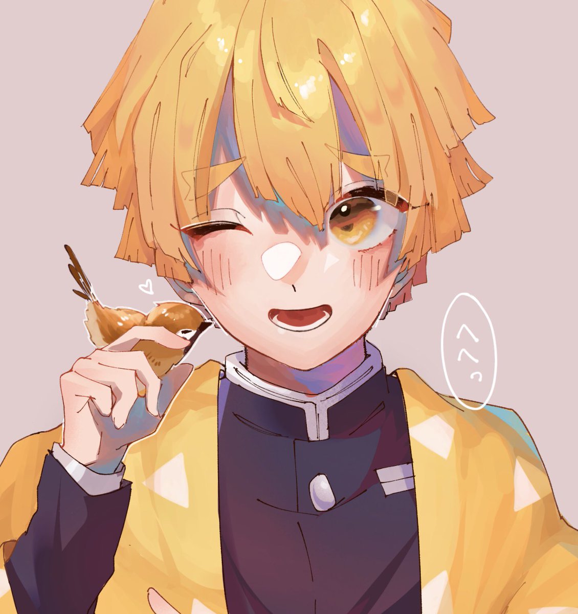 1boy demon slayer uniform male focus blonde hair one eye closed yellow eyes solo  illustration images