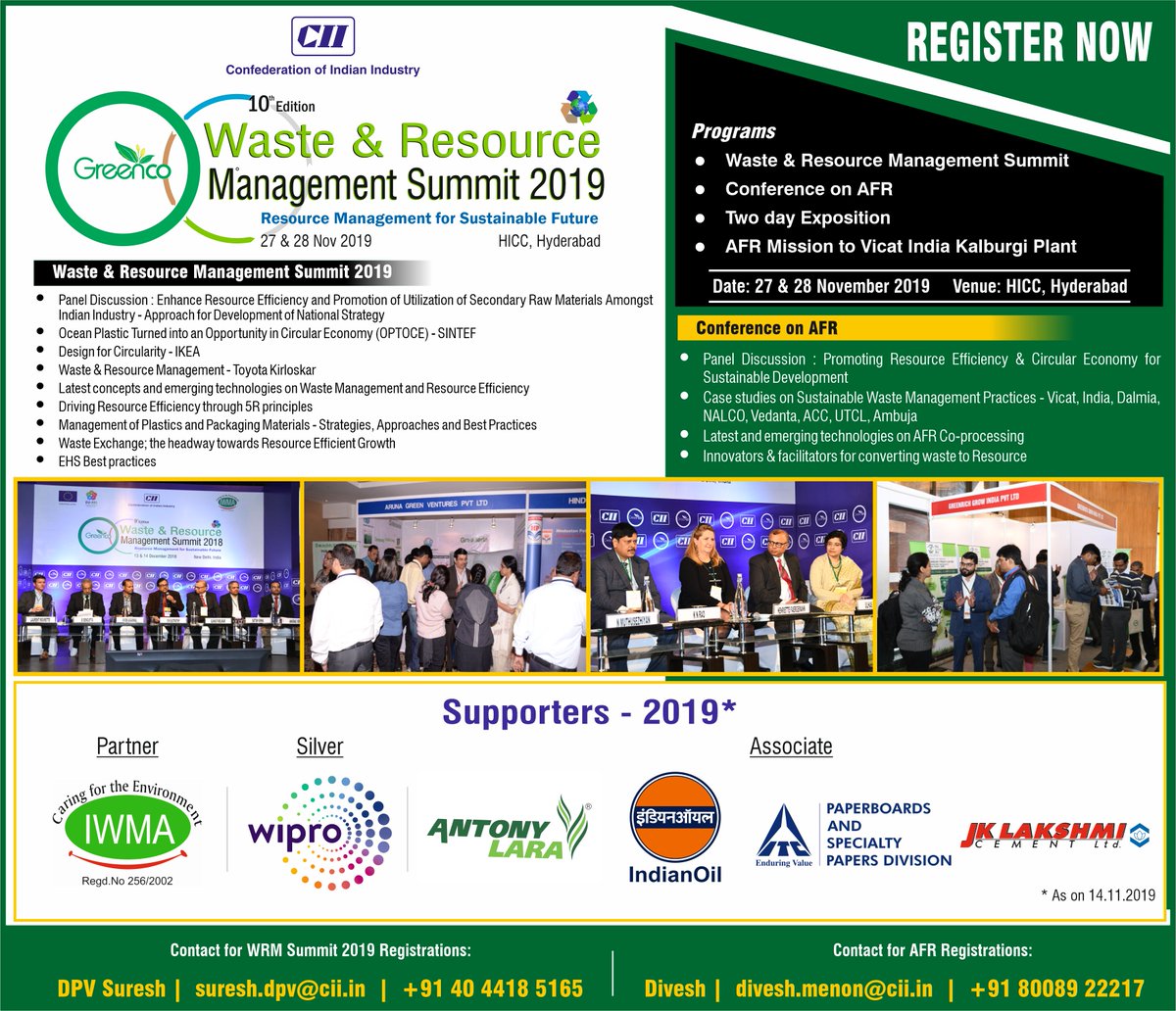 Register for 10th Edition of Waste &amp; Resource Management Summit &amp; Conference on AFR on 27 &amp; 28 November 2019, <a href="/HICCIndia/">HICC India</a> . Be part of the discussions on #circulareconomy, #WasteManagement, #recycling #Resourceconservation, #ResourceManagement, #AlternateFuel, #GreenCo companies.