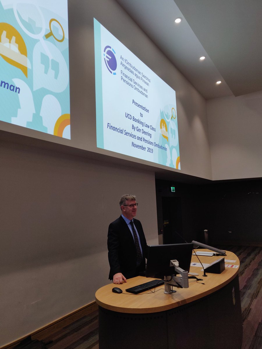 joemcgrathlaw's tweet photo. The Financial Services and Pensions Ombudsman, Ger Deering, reflects on the powers and performance of the
#FSPO in my banking law class this morning @UCDLawSchool, noting the office also has an important role in promoting a more consumer centred banking culture. https://t.co/3MCPx97uD8