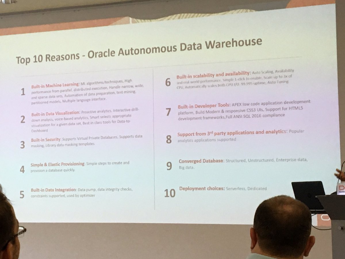 AutonomousDW's tweet image. #DOAG2019 - #Top10 🏆 reasons for moving to #AutonomousDataWarehouse, nice 👍