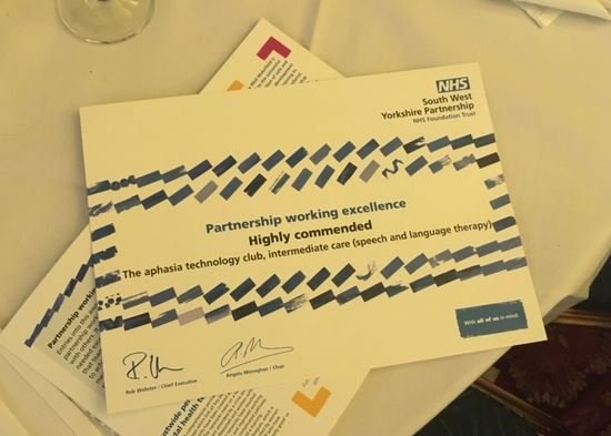 AphasiaSupport's tweet photo. Barnsley Aphasia Technology Club project has been ‘Highly Commended’ in the Partnerships category at #excellence19
It was a fantastic and inspiring event and a great project to be part of, working alongside Barnsley Adult SLT team @adult_slt https://t.co/z4ZcOfpeUs