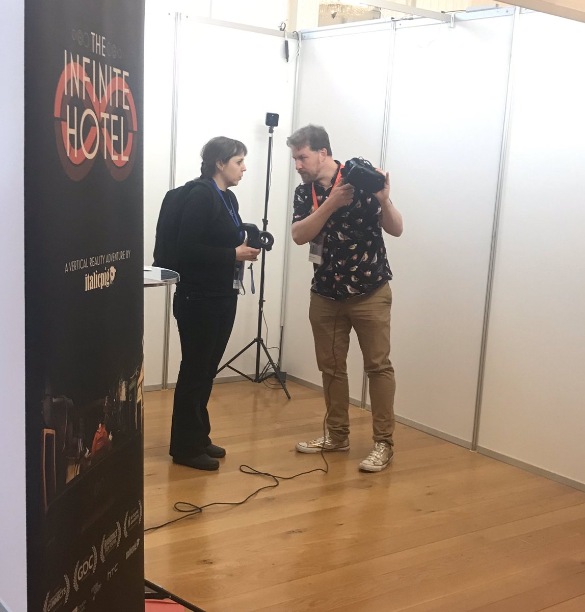 NualaToman's tweet photo. Great to see @KevinBeimers from NI’s Game Studio of the Year @italicpig demo the Infinite Hotel recently nominated for Best Immersive @Raindance at Beyond 19 @QUBelfast @UUScreen @UlsterUni #Beyond19 #VR #Immersive @futurescreensni https://t.co/1oiF5HCAQD