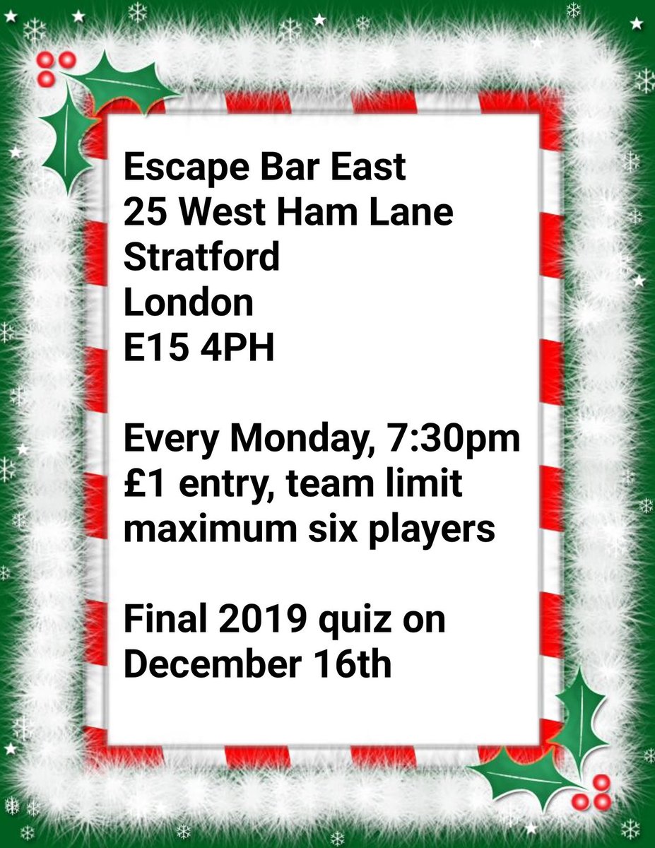 AnthonyBeavan's tweet photo. 🎄💰
My final quizzes of 2019!
All events by @WeeklyQuiz Ltd
#Quiz #QuizNight #PubQuiz #Trivia #Events #WhatsOn #Entertainment #Stratford #ShepherdsBush #London #EastLondon #WestLondon #Chingford #GreeneKing #HungryHorse #EscapeBarStratford #EscapeBar #WeeklyQuiz #WeeklyQuizLtd https://t.co/aA25PAmbAx