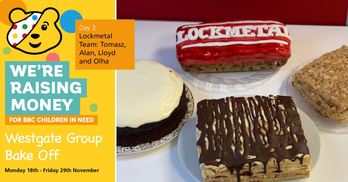 lockmetal1's tweet photo. Yesterday we had Andreea, David, Jessica &amp; Stefan put on their bake sale, and up today we have bakes from Tomasz, Alan, Lloyd and Olha! How good do these all look?!

#BakeOff #BakeSale #ChildrenInNeed https://t.co/WGjahRe90I