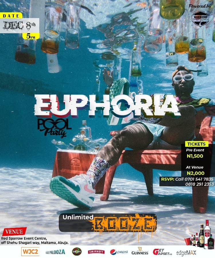 JFaboro's tweet photo. Let’s Make Memories We Won’t Soon forget !!
Date is Dec 8th.
🔥EUPHORIA🔥
🔥UNLIMITED BOOZE NO STORY🔥
🔥MUSIC NONSTOP 🔥🔊🔊🔊
@weekendshutdown
#UnlimitedDrinksNoStory
#Euphoria #ellepalooza #wjc2 #Abuja #AbujaLifeStyle https://t.co/D2TrU1UYdH