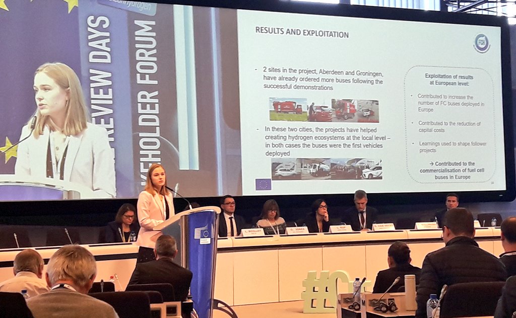 Fuelcellbus's tweet photo. Valentine Willmann from @hyer_eu at FCH JU review days "the hytransit and @HighVLOCity #fuelcell bus projects have helped create a #hydrogen ecosystem at local level in @AberdeenCC and @provgroningen @OVbureau #CleanHydrogen https://t.co/gB9301cBPT