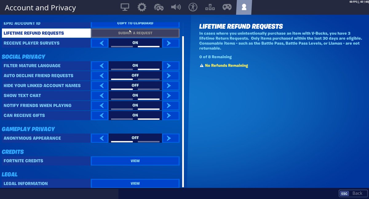Firemonkey Fortnite Intel Epic Games Appears To Be Tinkering With The Lifetime Refund Requests This Might Just Be If You Ve Merged Your Account The Max Requests Went Up