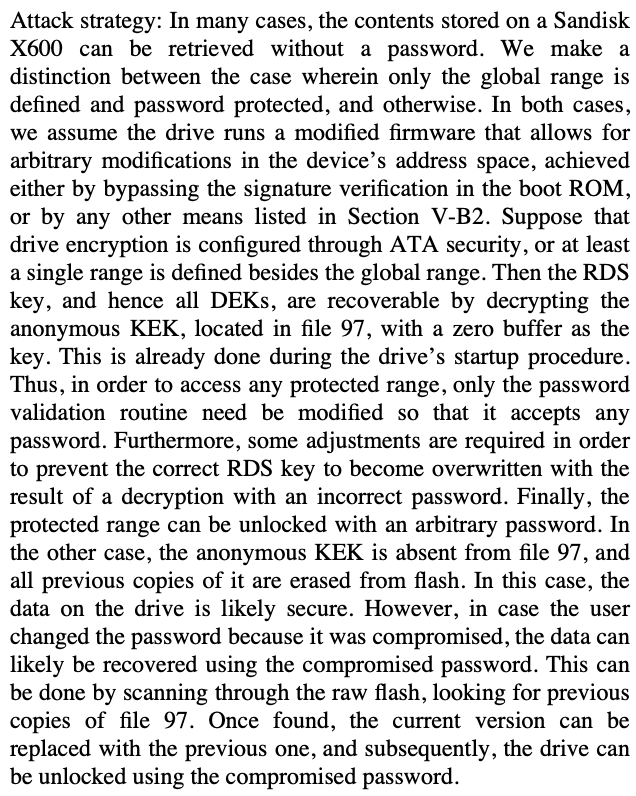 danluu's tweet image. How secure is hardware disk encryption?

&quot;In order to to recover the data from a locked MX100 drive, we connect a JTAG debugging device. Then, we use it to modify the password validation routine in RAM so that it always validates successfully&quot;

ieee-security.org/TC/SP2019/pape…