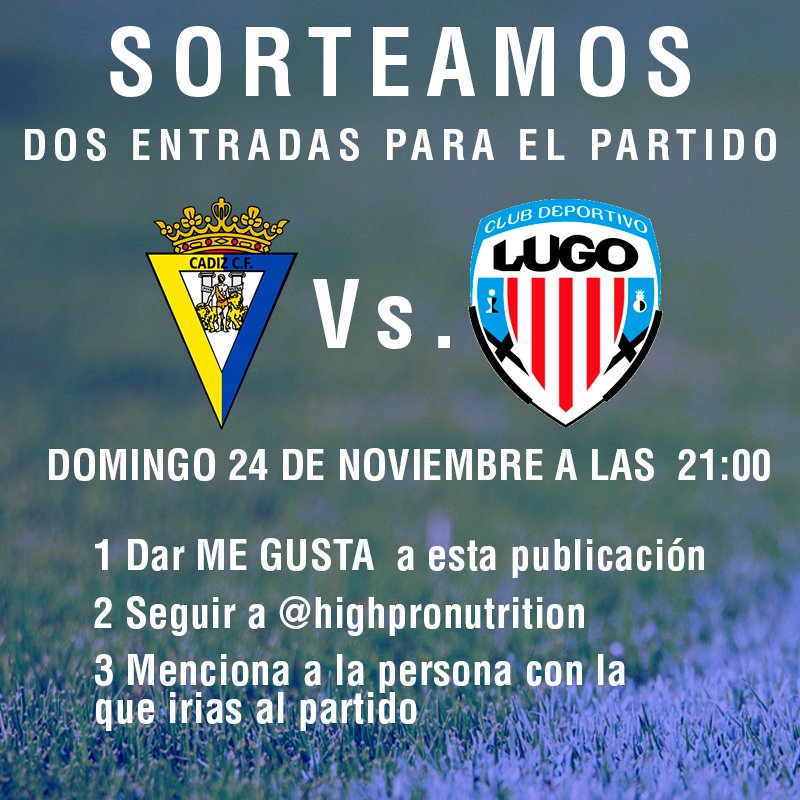 ⏳ Tik tak tik tak tik tak... ⌛️

Aún estas a tiempo de participar en el sorteo de dos entradas para el partido <a href="/Cadiz_CF/">Cádiz Club de Fútbol</a> - <a href="/CDeportivoLugo/">Club Deportivo Lugo 🪓</a> 

Sigue las instrucciones en nuestros perfiles de Facebook e Instagram.

facebook.com/highpronutriti…
instagram.com/highpronutriti…