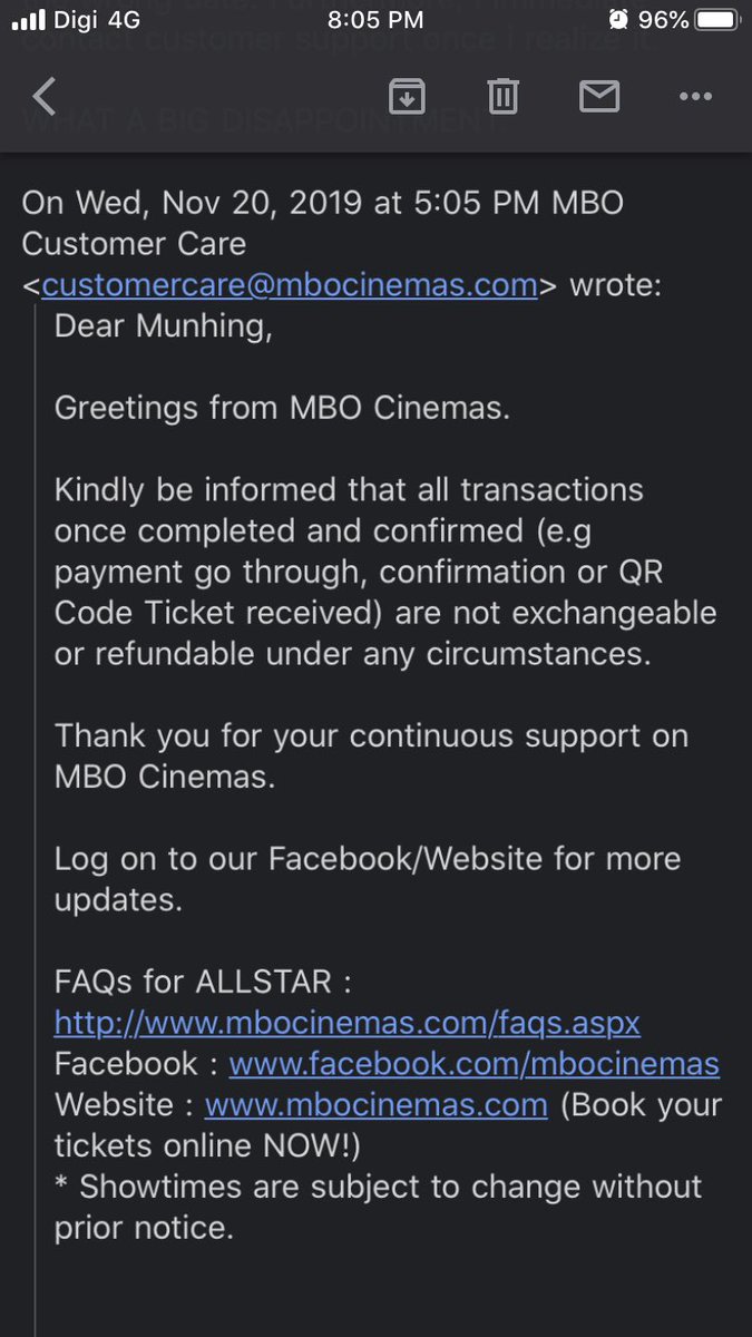 munhing1980's tweet image. I purchased the wrong date to watch #frozen2 for the whole family. It was done in haste. My fault. Contacted #mbocinemas #customercare and this is the reply i get. Very #disappointed indeed.