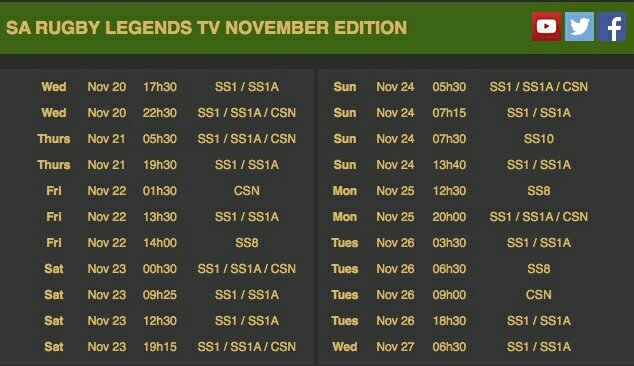 debracleland42's tweet photo. Don't miss SA Rugby Legends TV on @SuperSportTV.  Featuring the #Springboks  victory tour, the #CapeMint Invictus Coin Series, Stefan Terblanche completes an epic row for @inganeyami, VlokSkop with Vlok Cilliers &amp; highlights of the  Legends Winterton Weekend. 
#SARugbyLegends https://t.co/XRNn5YWNx5