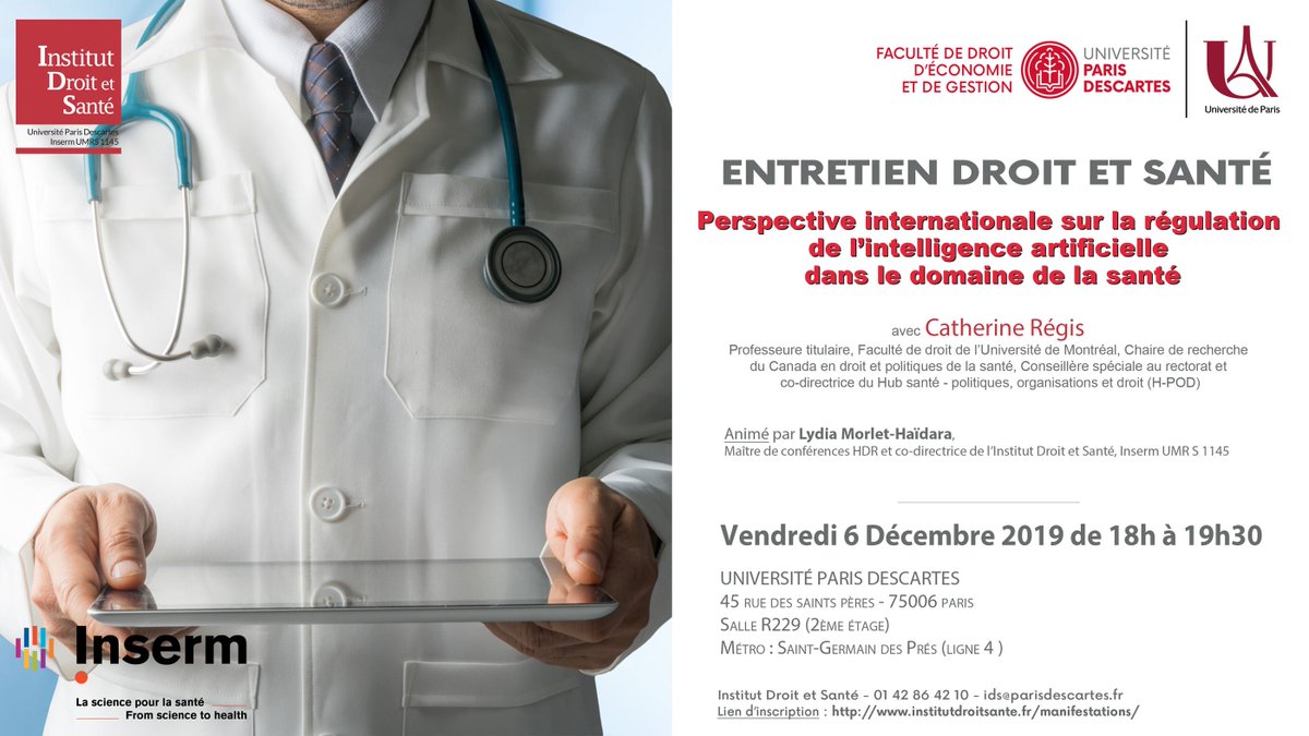 Instidroitsante's tweet photo. Le 6/12 à 18h l’@Instidroitsante reçoit @catherine_regis @UMontreal sur « Perspective internationale sur la régulation de l’ #iA dans le domaine de la #Sante » @lydiamorlet @DroiEGDescartes @UParisDescartes @Univ_Paris 
Inscription sur https://t.co/JhJ2RvfzjT https://t.co/6NGIDZ8Uv6