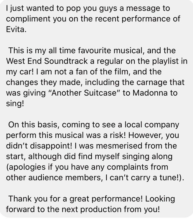 We opened #Evita a week ago today and we’re still getting amazing and lovely feedback from people who have seen the show! How brilliant is this message we received this morning! Just overwhelming, thank you, thank you, thank you! 🎉
