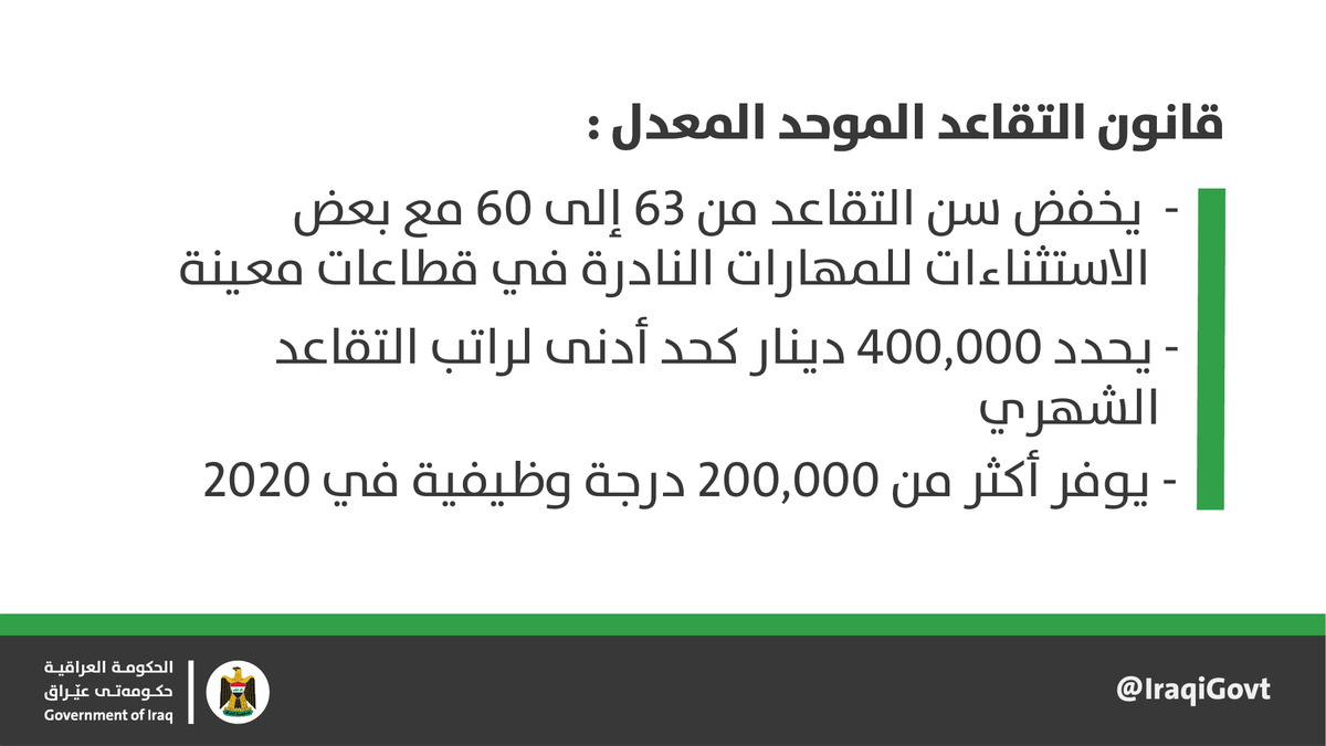 أقر مجلس النواب مشروع تعديل قانون التقاعد الموحد رقم 9 لعام 2014 الذي قدمته <a href="/IraqiGovt/">Government of Iraq - الحكومة العراقية</a> ، والذي يهدف إلى تحسين الواقع المعيشي للمتقاعدين والاستفادة من الدرجات الناتجة عن حركة الملاك لتعيين الكفاءات والقدرات العراقية الشابة.