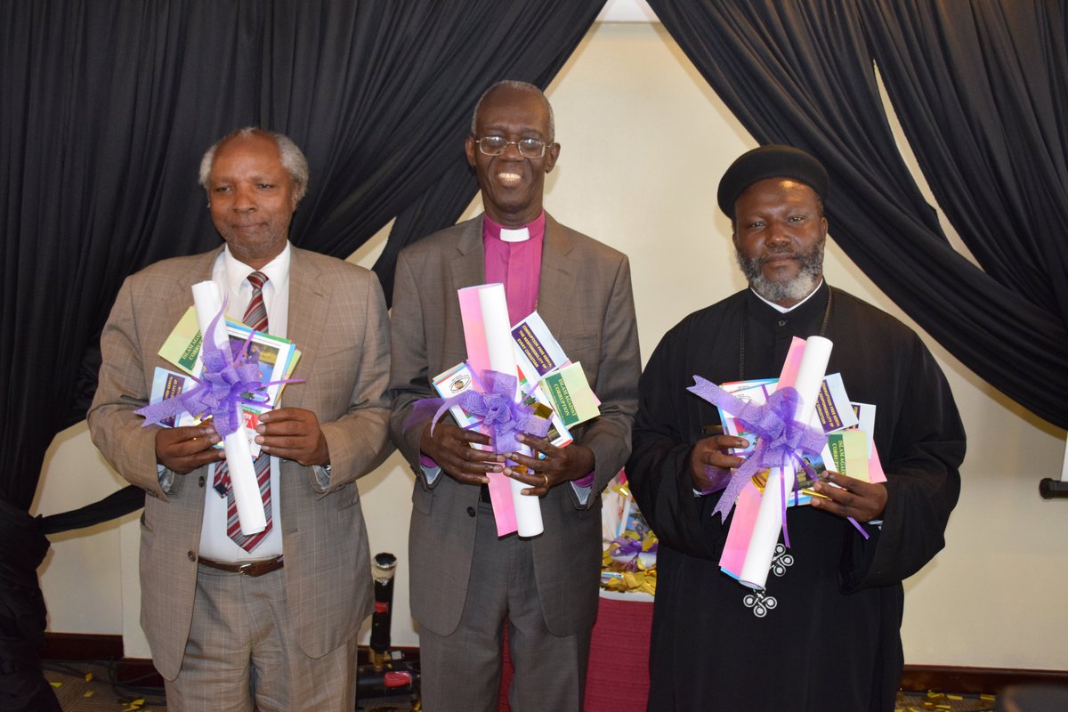 EACCKenya's tweet photo. @EACCKenya Chair Archbishop (Rtd) Eliud Wabukala (c) with Francis Ng'ang'a Ag. Chair, @NACCSC (l) and Fr. Joseph Muite, Chair @irck_info (r) launch Scripture Referenced materials @supkemKE,@jamia_mosque, @SupkemG, @NAMLEF1,@ncckkenya,@CJPCCatholicsKE, #FaithAgainstCorruption https://t.co/xN9kzithXW