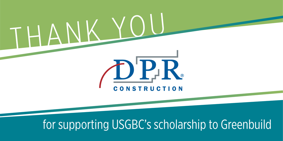USGBC's tweet photo. Thank you, @DPRConstruction for supporting USGBC’s scholarship to #Greenbuild19. Your support makes the world’s largest green building event more accessible and diverse, and for that, we are so grateful! https://t.co/NHkYf9hJ0W