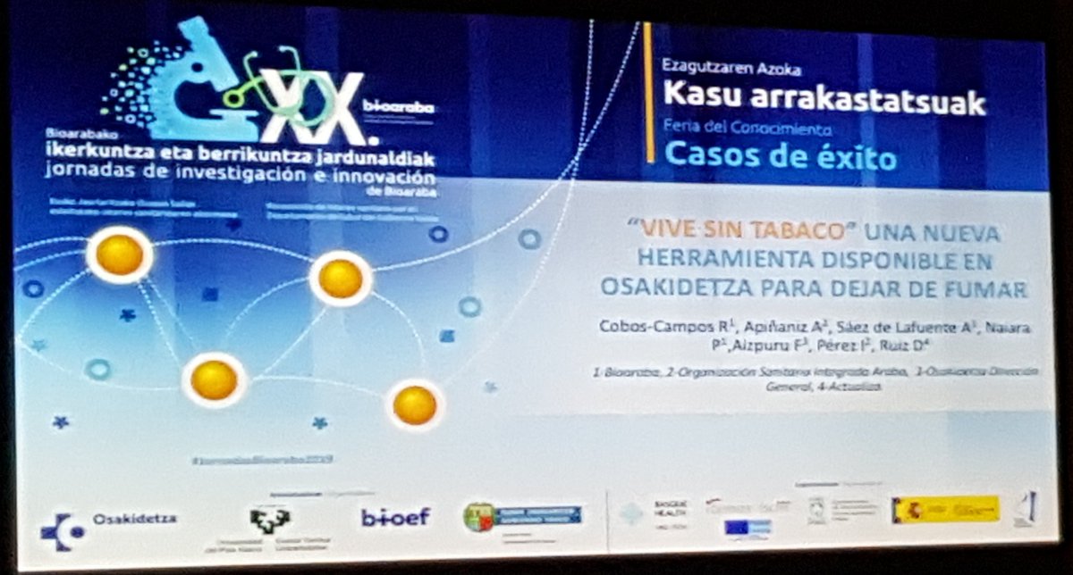 AntxonApinaniz's tweet photo. Rakel Cobos @OSIArabaESI presentando VIVESINTABACO una nueva herramienta APP  para dejar de fumar en @osakidetzaEJGV
ahora en las jornadas investigacion @IIS_Bioaraba @bioef_ 
#mhealth #saludigital #eHealth https://t.co/2A6AAS5VM9