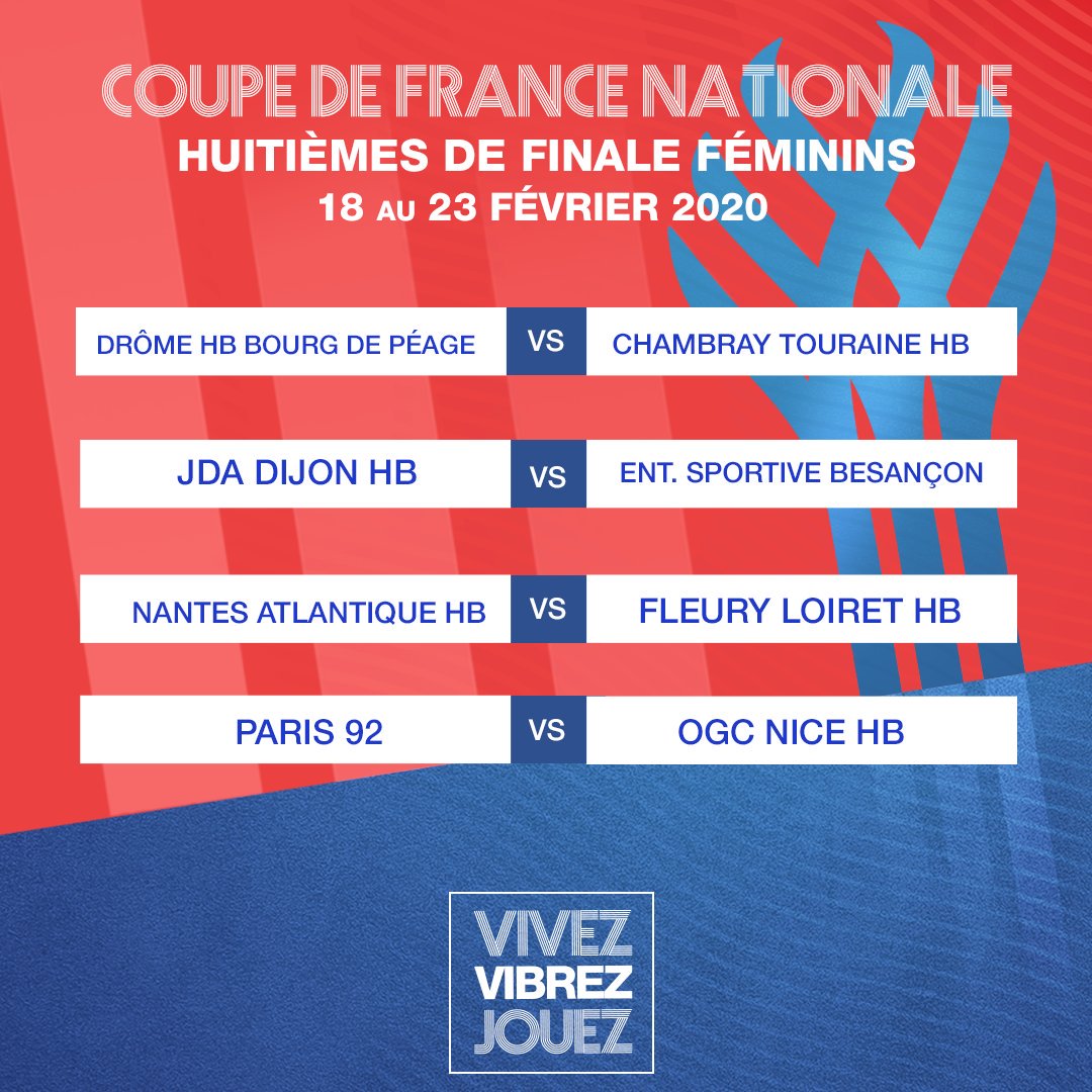 #CDF
🏆 Le tableau des 8èmes de finale de la Coupe de France nationale féminine ! 
➡ Rendez-vous les 22 et 23 février 
#VivezVibrezJouez