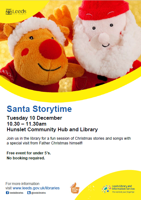 HunsletHub's tweet photo. Bring your under 5' to @HunsletHub Tuesday 10th December 2019 10.30am-11.30am for #santastorytime https://t.co/ttCkz8m859