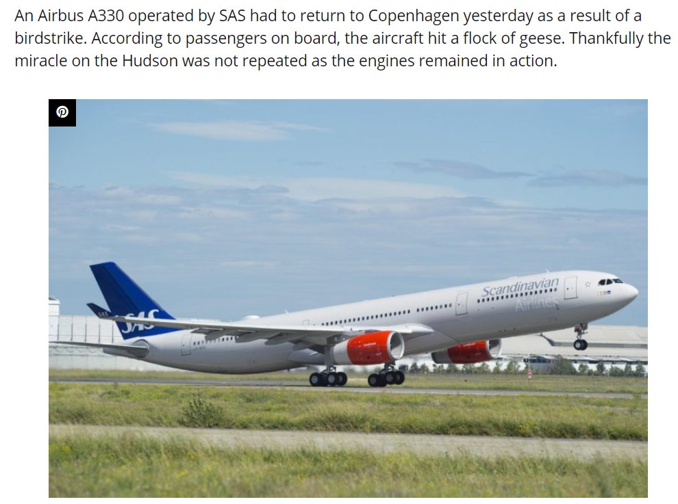 Miltronix1's tweet image. SAS Airbus A330 Returns To Copenhagen After “Flock Of Geese” Cause Birdstrike - October 30, 2019
According to passengers on board, the aircraft hit a flock of geese. Thankfully the miracle on the Hudson was not repeated as the engines remained in action.
simpleflying.com/sas-airbus-a33…
