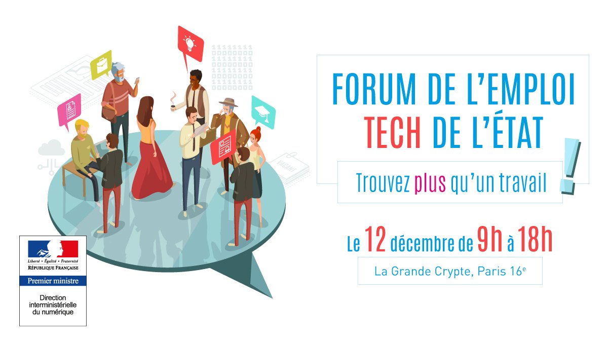 Numerique_Gouv's tweet photo. 📢[#Recrutement] Professionnels de la tech, prêts à relever avec nous le défi de la transformation #numérique de l’État ?
Plus de 350 postes vous attendent au forum de l'#emploi tech de l’État le 12 décembre à Paris !

Gratuit, ouvert à tous. Inscriptions👉https://t.co/3EwTZIdlUU https://t.co/Erg3P78Dgb