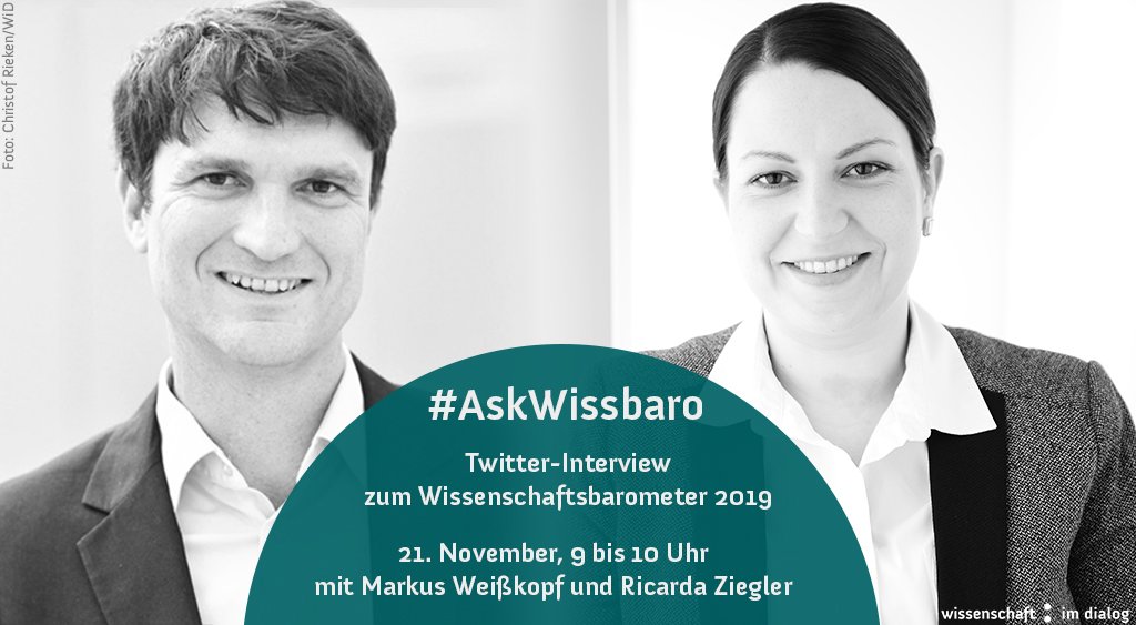 Habt ihr Fragen zum #Wissenschaftsbarometer 2019? Morgen (21.11.) könnt ihr sie unserem Geschäftsführer <a href="/m_weisskopf/">Markus Weißkopf</a> und der Projektleiterin <a href="/riziegler/">Ricarda Ziegler</a> im #Twitterinterview stellen – unter dem Hashtag #AskWissbaro. Los geht’s ab 9 Uhr. #Wisskomm @BoschStiftung <a href="/RBSscience/">RBS science</a>