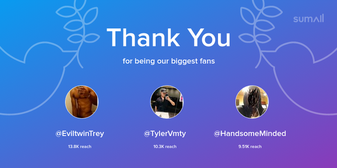Our biggest fans this week: EviltwinTrey, TylerVmty, HandsomeMinded. Thank you! via https://t.co/5KATpBapss<a href="/tag/superfan"class="tags"><span>#superfan</span></a>