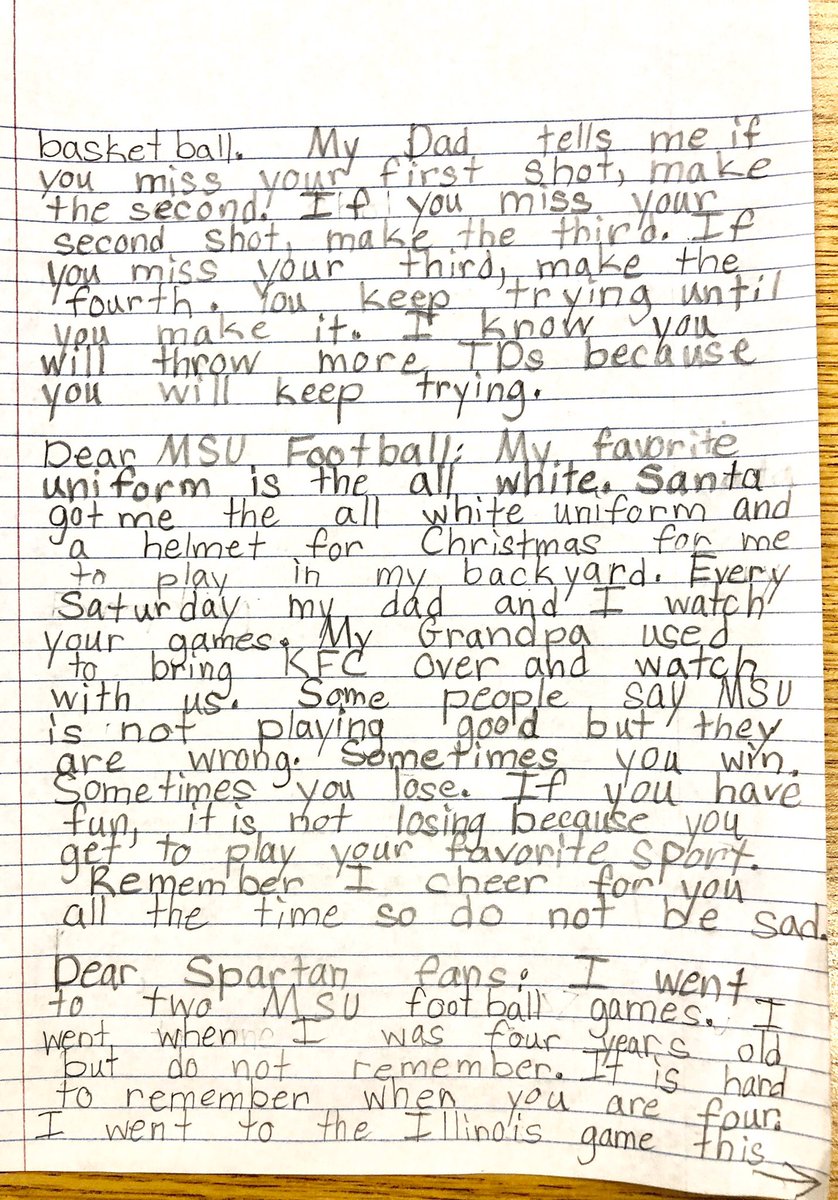 PresidentBeard's tweet image. What does it mean to be a fan?

My 9-year-old son worked on this letter for 4 days. It truly represents what you mean to him - and what you should mean to Spartans everywhere.

@DantonioMark @brianlewerke14 @MSU_Football @michiganstateu @JackEbling #SpartansWill @SpartanSports