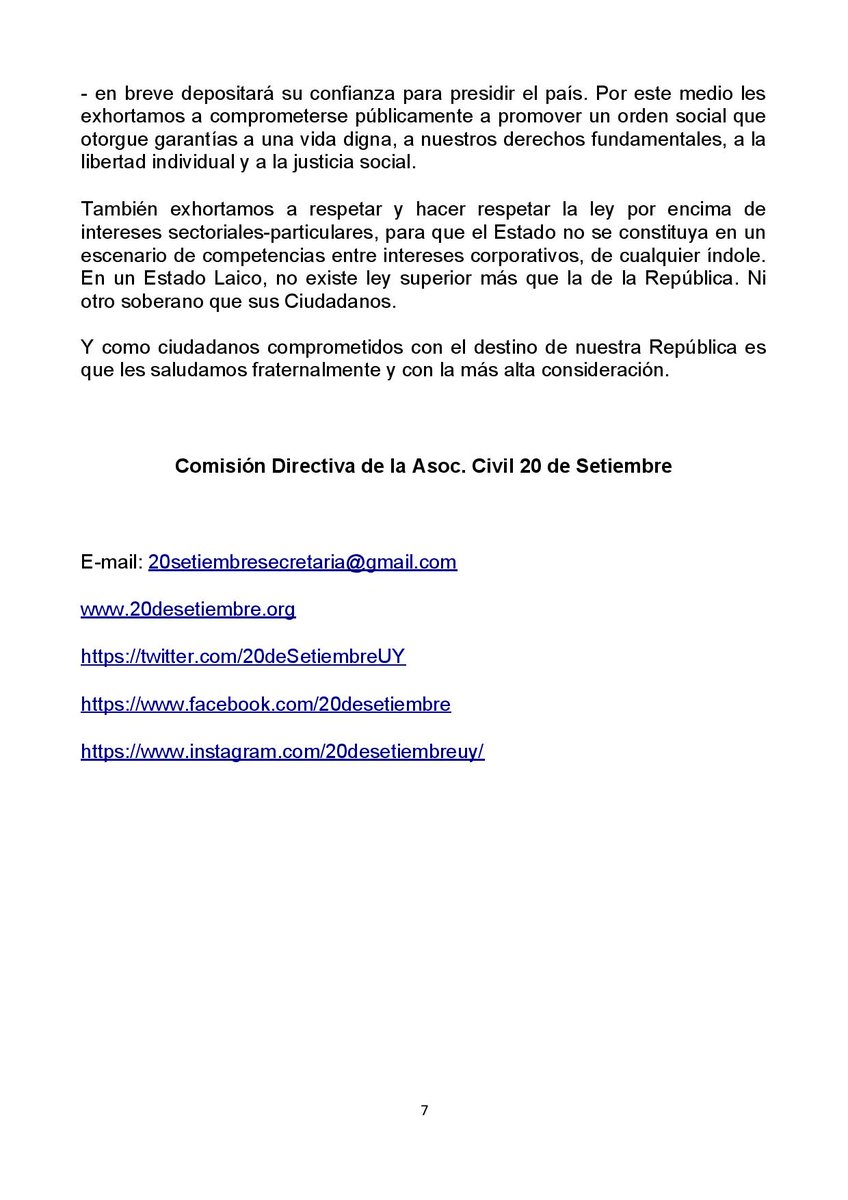 20deSetiembreUY's tweet photo. CARTA ABIERTA A LOS CANDIDATOS A LA
PRESIDENCIA DE LA REPÚBLICA (segunda parte) https://t.co/aolpbCOom7