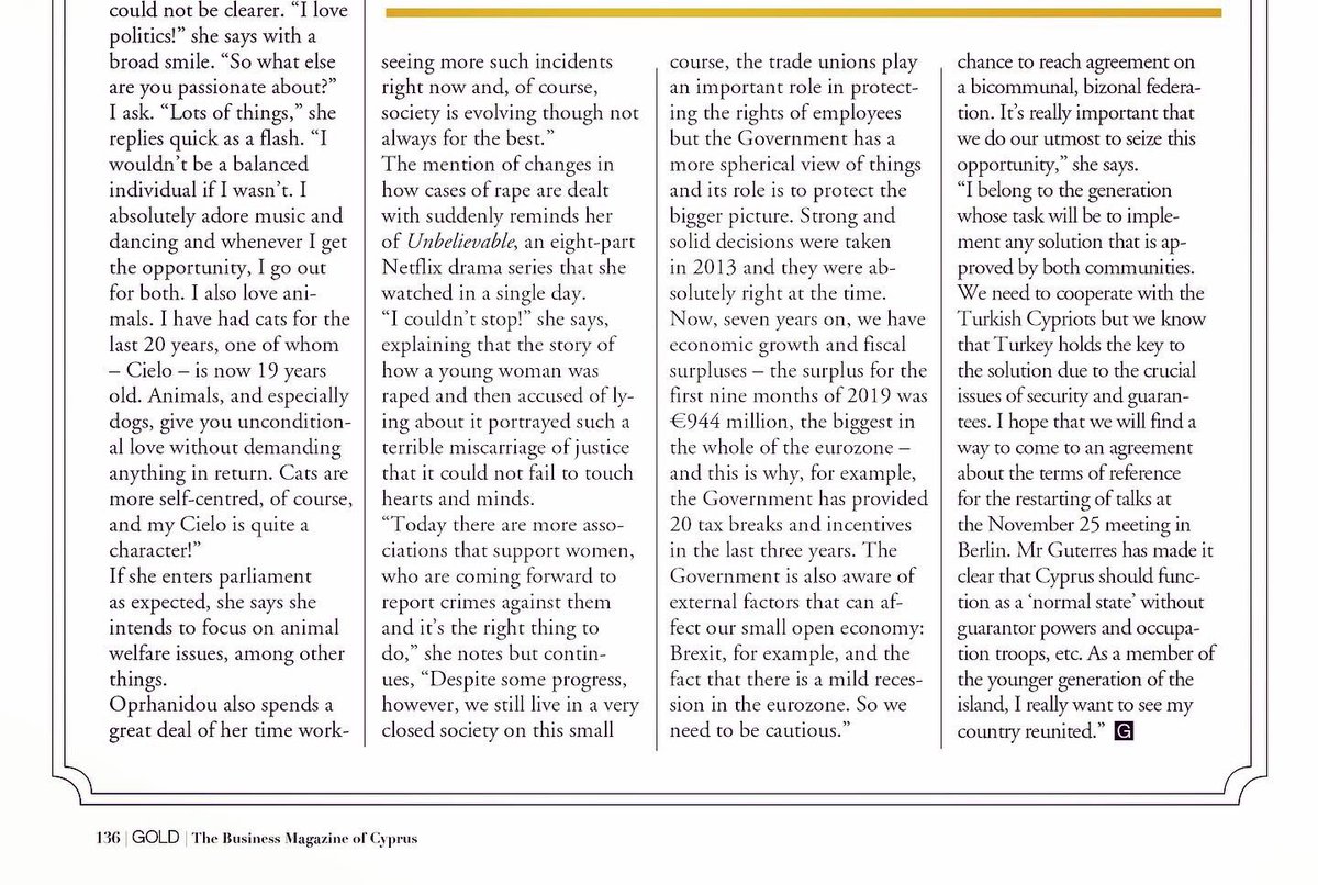 SaviaOrphanidou's tweet photo. βI have always believed that anyone, irrespective of gender and age, who is determined to achieve her/his goals, CAN do it!β A big thank you to #GoldMagazine and to John Vickers for this, out of the box, interview #cyprus #interview #achieving_goals #determination #politics https://t.co/bhmTKPAj7J