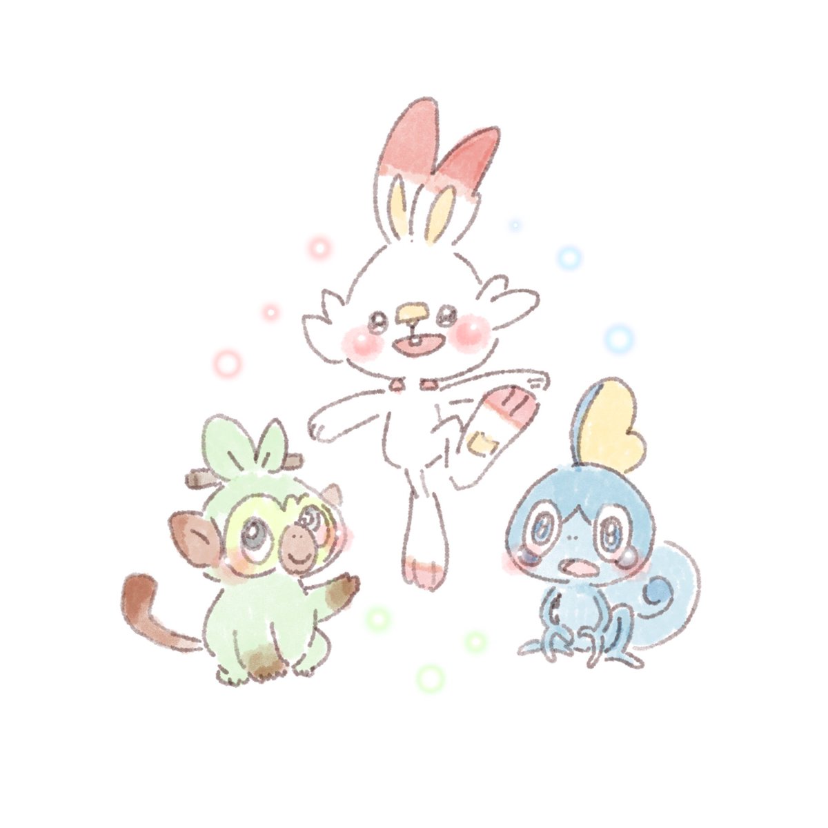 grookey ,scorbunny ,sobble starter pokemon trio pokemon (creature) no humans open mouth blue eyes white background blush  illustration images