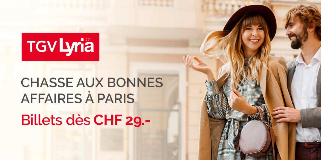 Première bonne affaire : votre billet pour CHF 29.- en classe STANDARD pour Paris.
-> réservez entre du 18 au 28 novembre sur veepee.ch