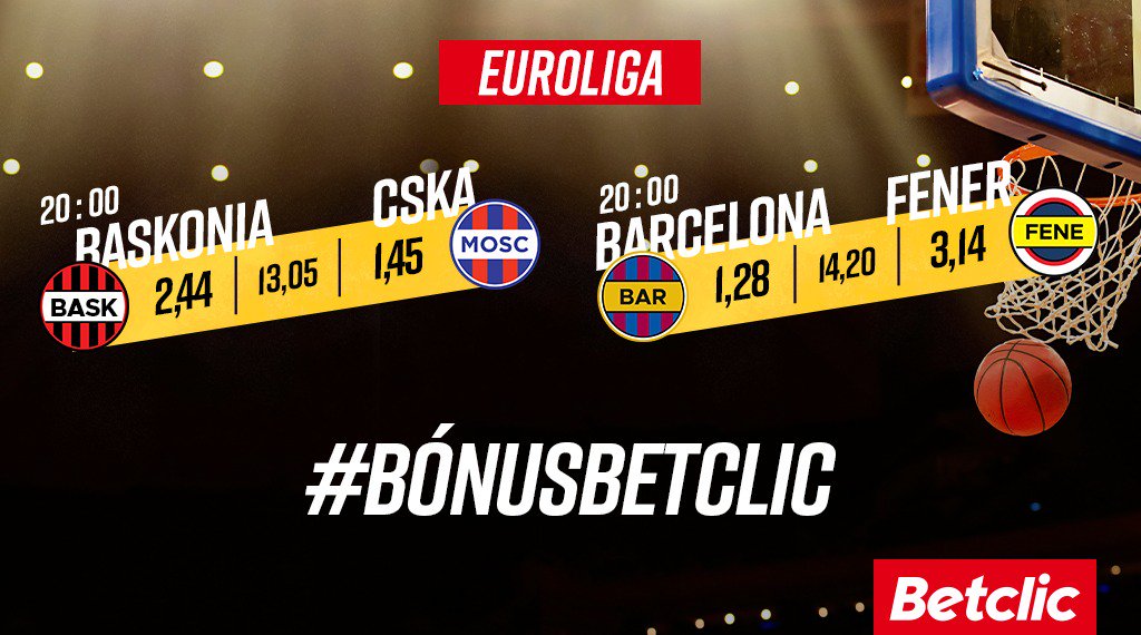 🏀 Hoje temos Euroliga! Vamos sortear 20€ de #BónusBetclic para 5 pessoas, só tens de:

➡ Dar RT
➡ Acertar no TOTAL de pontos destes 2 encontros + Username Betclic

1 palpite por utilizador
Válido até às 20:00 de hoje