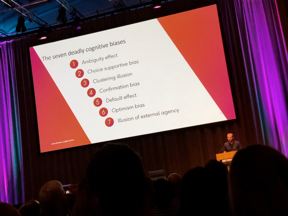 chrisspeed's tweet image. The seven deadly cognitive biases @ParryMalm from @phrasee running a live bias test on attendees to #BeyondConf and asking us to reflect upon our own heuristics #neatstuff