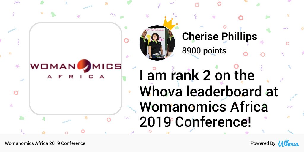Cheriseogle's tweet photo. I made it! #2 on the leaderboard at #WomanomicsAfrica,AfCFTA,DoingBusinessInAfrica,EconomicHighways via Whova event app https://t.co/CBeXFGUd2G https://t.co/SmTeKJhC1g