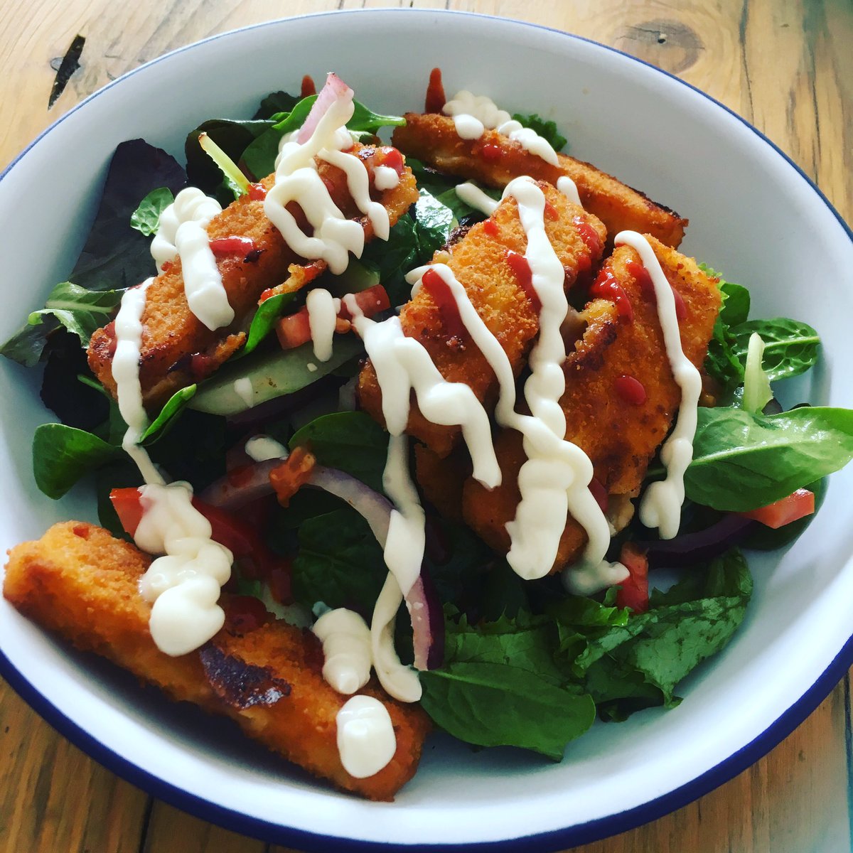 FidgetBob's tweet photo. Staff lunch is keeping it real today...fish fingers salad. The fancy mayo swirls makes it posh right? #fidgetandbob #kennetisland #fishfingers #fishfingersalad #salad https://t.co/zRheRlZuNY