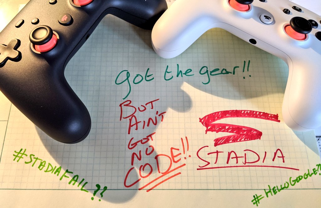 eamonharbison's tweet photo. @GoogleStadia @JAVillines At what stage will the code be sent? 
a) When ordered?   No.
b) When shipped? No.
c) When pack arrives? No.
d) When??? Still waiting! 
Come on @GoogleStadia, send the codes! :-(
#Stadia #StadiaFAIL https://t.co/1Iwp5VmLQo