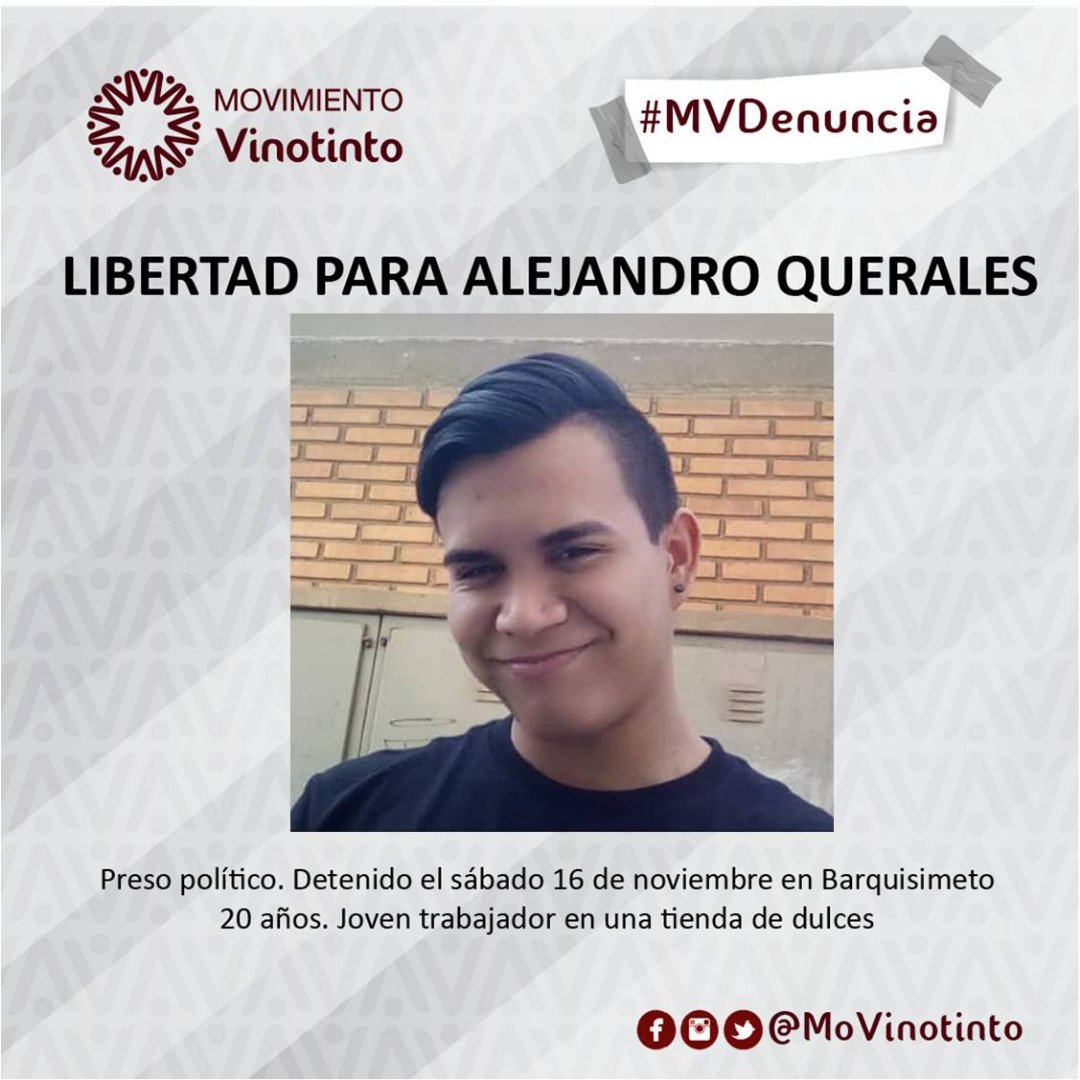 movinotinto's tweet photo. #MVDenuncia || Alejandro Querales es un joven de 20 años quien trabaja en una tienda de dulces para ayudar a su familia, actualmente es acusado por el régimen de 4 delitos porque estaba en la protesta del #16Nov en #Lara. Exigimos su libertad plena #20Nov https://t.co/GMd6YN2zYB