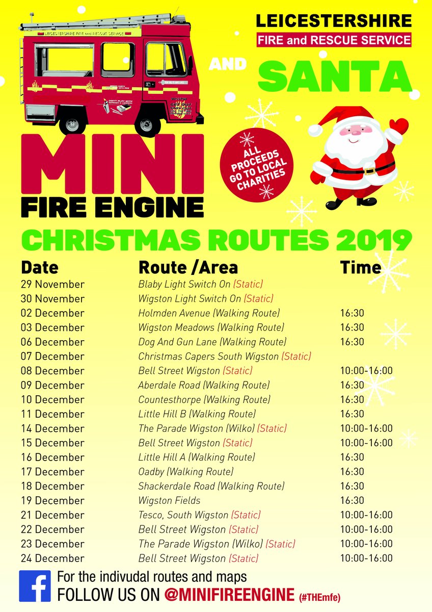 LeicsFireRescue's tweet photo. Come and see #THEmfe🚒 and Santa🎅 this Christmas at the light switch on🌟✨ in Blaby this Friday and Wigston on Saturday. Not able to make it? For other routes and dates visit ➡️https://t.co/mbZVNISfCD. All proceeds raised will go to local #charities. #Christmas @LFRSfire_engine https://t.co/qXEz7KXrfL