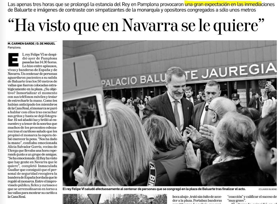 DinoAltavez's tweet photo. El glorioso Diario de Navarra ha acertado de pleno en un par de claves irrefutables 

1. Al Rey se le quiere
2. Su visita generó una gran expectación 

ACASO NO LO VEIS? https://t.co/zZfjtDxIyT