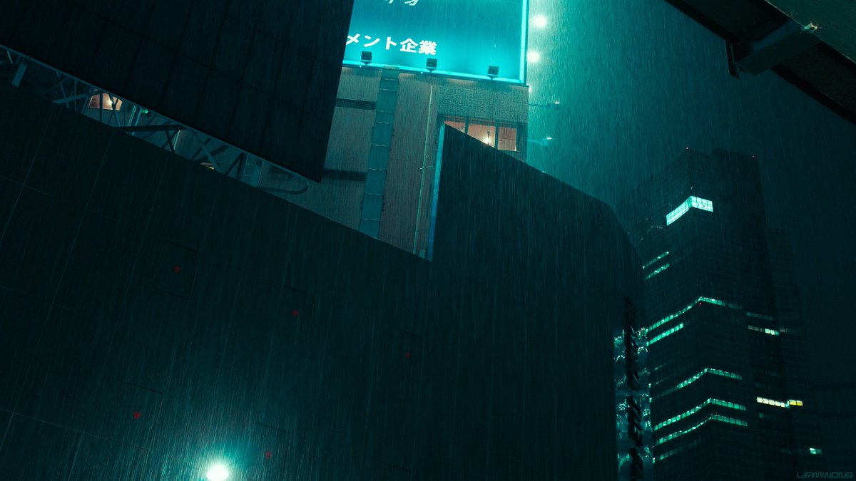 Photography by Liam Wong of Tokyo at night captured during a typhoon. Heavy rain in front of buildings.