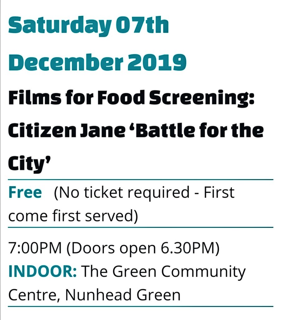 freefilmfest's tweet photo. 'Arguably no one did more to shape understanding of the modern American city than Jane Jacobs, the visionary activist and author, who fought to preserve urban communities in the face of destructive development projects.'
#FilmsForFood Screening Sat 7 December @thegreennunhead https://t.co/ghxxxchZQH