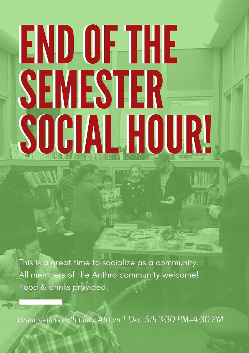 BearcatAnthro's tweet photo. MARK YOUR CALENDARS 📌
THURSDAY« December 5th we will be celebrating all the members of the department! Join us from 3:30 PM–4:30 PM on the fourth floor of Braunstein hall in the atrium for an end of the year celebration! Snacks and drinks will be provided! #AnthMore #Congrats https://t.co/H0u2gLyRlQ