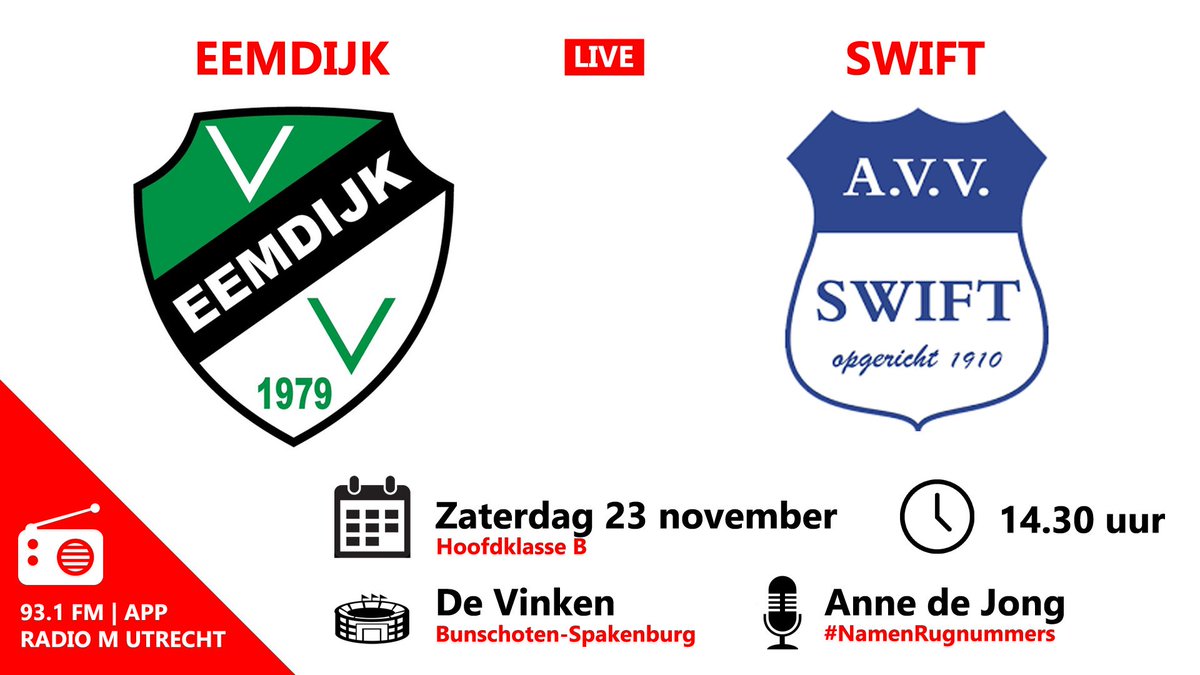 LIVE | In de Hoofdklasse B pakte <a href="/VVEemdijk/">V.V. Eemdijk</a> vorige week de periodetitel. Vandaag treffen ze <a href="/avvswift/">AVV Swift</a>, die tweede staan met evenveel punten! 

Onze <a href="/Annedejong/">Anne de Jong</a> is aandachtig toeschouwer bij deze topper! #EemSwi 

📻 | Live op Radio M Utrecht #NamenRugnummers