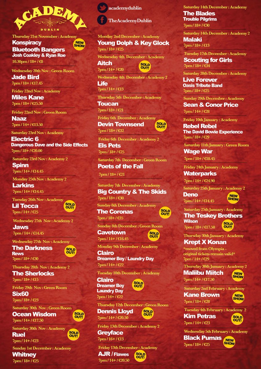 academydublin's tweet photo. 🚨 THE ACADEMY LISTINGS COMPETITION - WIN TICKETS FOR THE GIG OF YOUR CHOICE! 🚨

Follow us, RT + reply to us with which 1 you'd love to go to &amp; you could WIN a pair of tickets for that show!

You can also enter on facebook and instagram!

Winner picked on Tuesday! https://t.co/n7GACyoFK1